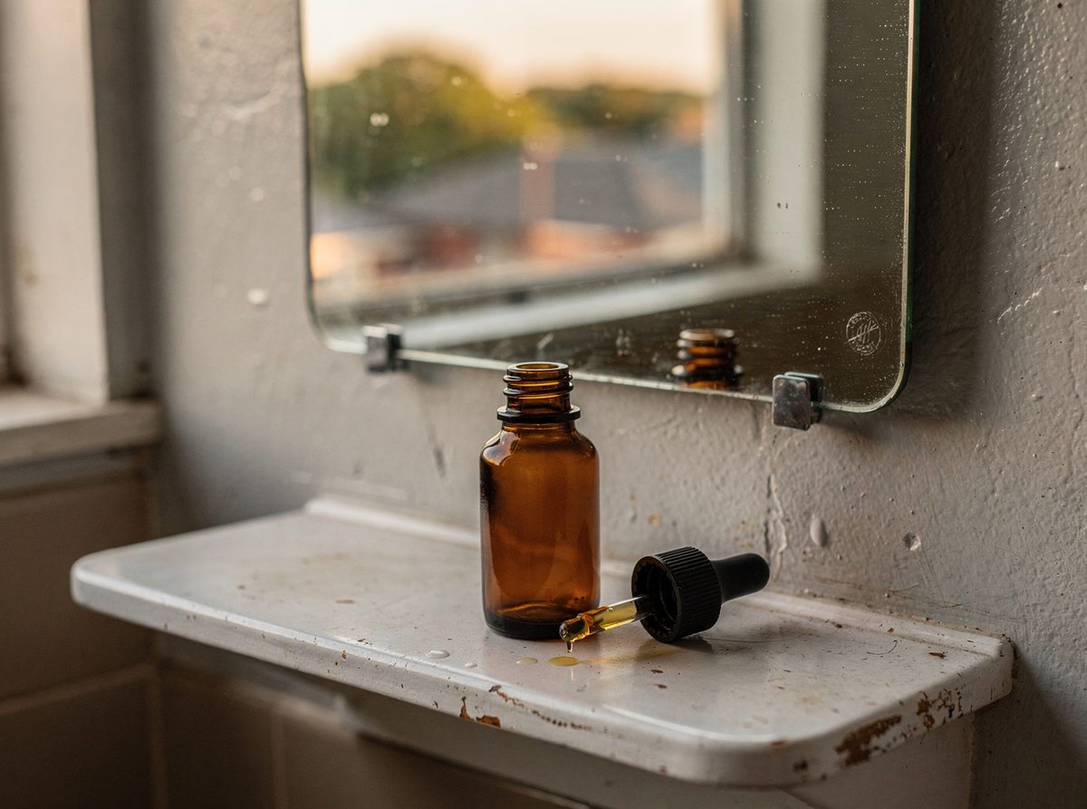 A dropper bottle of facial oil standing on a bathroom shelf